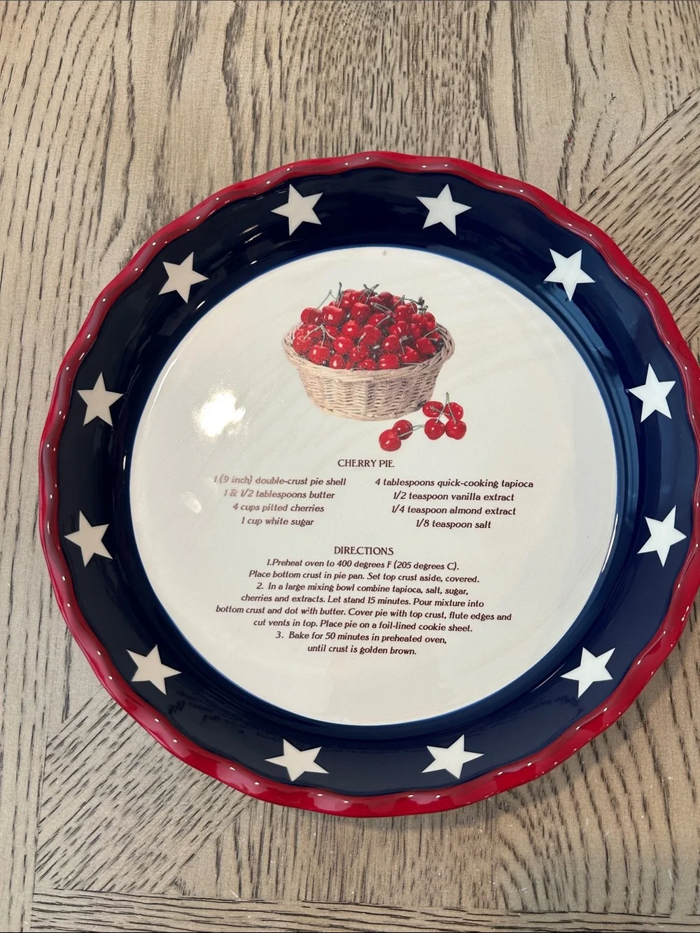 Cherry Pie Ceramic Pie Plate - Navy Blue and Red Star Rim